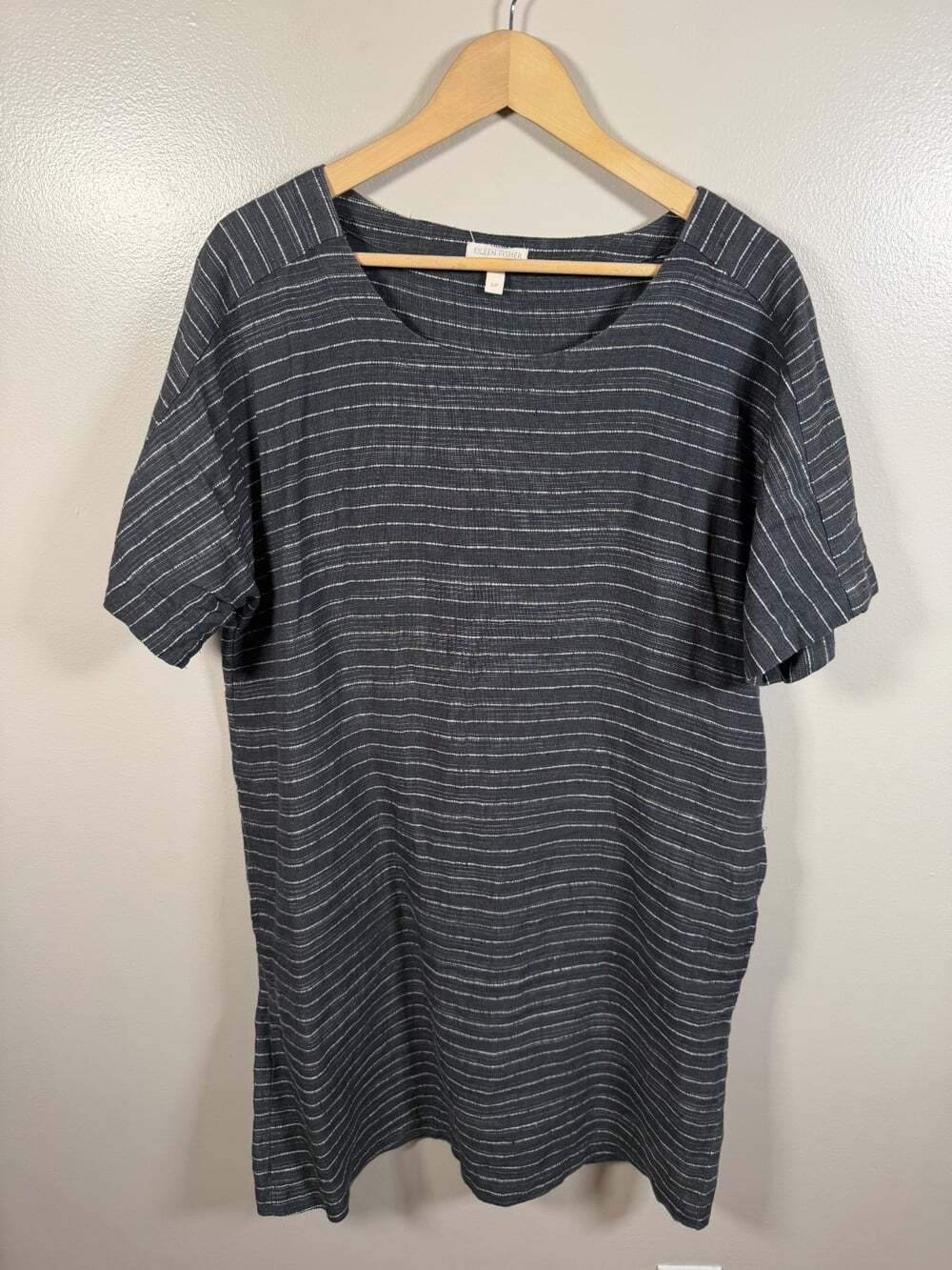 Eileen Fisher Organic Linen Delave Pinstripe Scoop Neck Tunic Dress Small Gray
